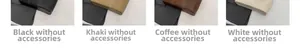 Detail view of stitched leather bag bases in black, khaki, coffee and white colors