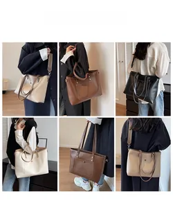 Detailed views of women's leather tote bag in three colors with adjustable shoulder straps