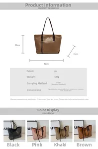 Detailed size chart for the large PU leather tote bag with dimensions and color options