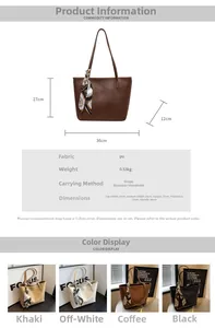Detailed size specifications for a retro large capacity PU leather tote bag in four colors