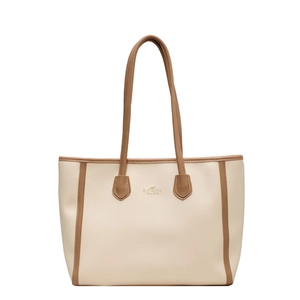 Large capacity tote bag in cream and coffee color contrast with adjustable shoulder strap
