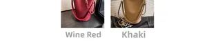 Detail view of large matte leather bucket bags in burgundy and khaki with metal buckles