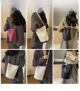 Detail showing bucket bags in burgundy, cream, and black colors on various models