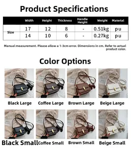 Size chart for PU leather crossbody bags showing large and small dimensions and features
