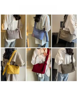 Collage of padded puffer crossbody bags in six colors with knotted shoulder strap detail
