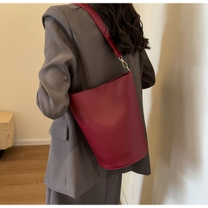 Deep red leather bucket bag with gold hardware and logo detail shown on a model