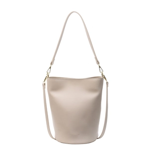Large beige matte leather bucket bag with gold hardware and dual straps on white background