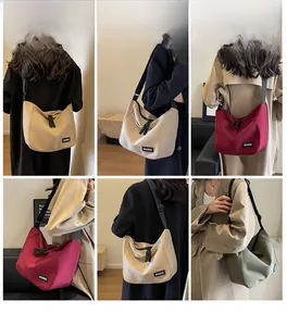 Detailed views of nylon tote bags in beige, burgundy and olive green shown on model