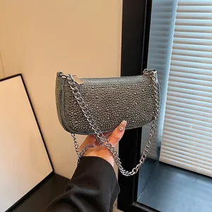 Vintage Denim Rivet Rhinestone Underarm Bag For Women Fashion Chain Shoulder Crossbody Small Square Bag Streetwear Handbag