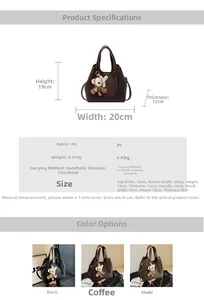 Detailed size specifications and material chart for the vintage leather bucket tote bag