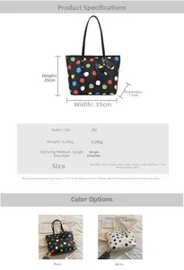 Tableau des tailles et spécifications du grand sac cabas en PU avec motifs à pois colorés
