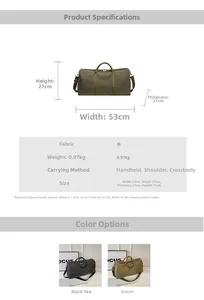 Size chart showing dimensions for large canvas travel duffel bag with various carry options