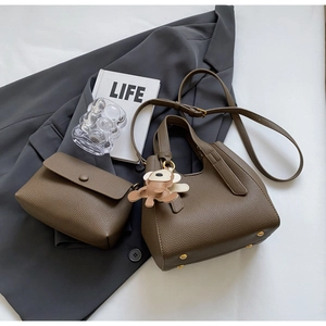 Brown litchi grain bucket bag set with matching small pouch and cute bear pendant charm