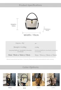 Detailed size chart and multi-color view of quilted PU leather bucket bag with dimensions
