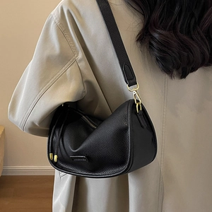 Classic black leather Boston bag with litchi texture and gold hardware for women