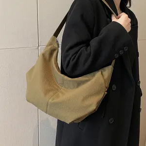 Large Capacity Hobo Bag For Women Ribbed PU Leather Half Moon Shoulder Crossbody Bag Minimalist Retro Casual Travel Bag