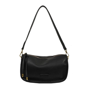 Classic black litchi pattern Boston bag with gold hardware and adjustable strap