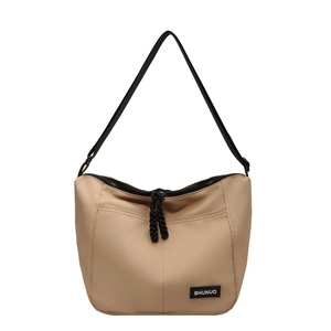 Large capacity khaki nylon tote bag with adjustable black shoulder strap and zipper