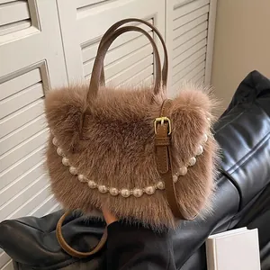Damen Winter Plüsch Eimertasche Mit Künstliche Perlen Griff Elegant Kunstpelz Umhängetasche Für Herbst Winter Alltag Reise