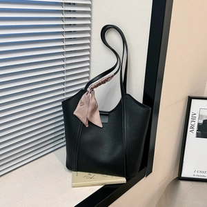 Minimalist black lychee texture leather tote bag with silk scarf on dual straps