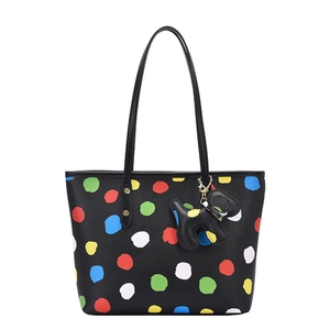 Sac tote en cuir noir à pois multicolores avec un charmant pendentif en forme de chien