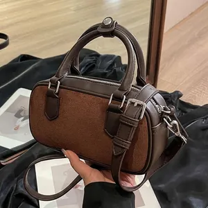 Vintage Splicing PU Leather Suede Boston Handbag For Women Retro Shoulder Crossbody Bag With Silver Hardware Square Purse