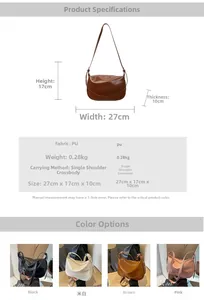 Detailed size specifications for the vintage PU leather crescent shoulder bag with multi-color options