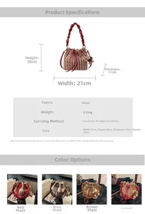 Tableau des tailles détaillé pour sac seau en laine pied-de-poule avec dimensions