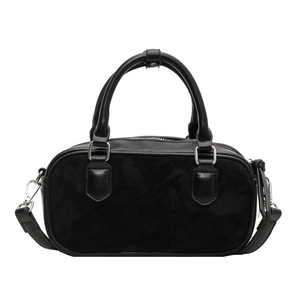 Classic black Boston handbag featuring a matte suede panel and silver-tone hardware accents