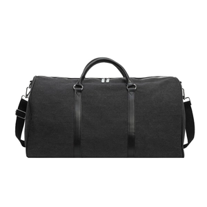 Large capacity black canvas travel bag with leather handles and adjustable shoulder strap