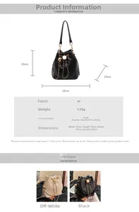 Detailed dimension guide for quilted leather bucket bag with chain strap and gold hardware