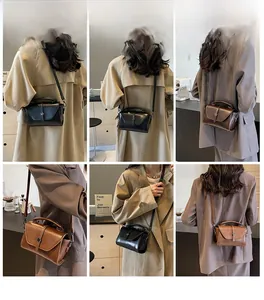Vintage small square flap bags shown in black, brown, and caramel leather on models