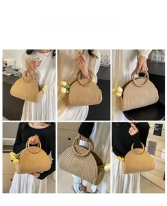 Detailed views of the handwoven semi-circle straw tote bag showing various styling angles