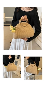 Multiple views of a semi-circular straw tote bag featuring round handles and tulips