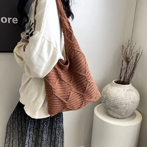 Borsa Tote da Donna Lavorata a Maglia Grande Capacità Motivo a Rombi Treccia Borsa a Spalla Vintage Casual Shopper Borsa per Pendolari