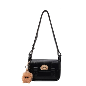 Sac bandoulière rétro en similicuir noir avec broderie chien et breloque en peluche