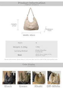 Detailed spec chart for large nylon tote bag showing dimensions 40x27x15cm and colors