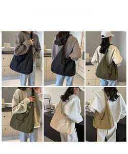 Detailed views of the large capacity nylon shoulder bag worn by a model in four colors