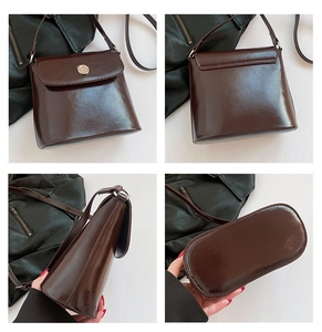Gedetailleerd overzicht van een vintage bruine glanzende leren tas met zilveren gesp