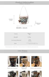 Detailed size chart for a wave-pattern knit bucket bag with bear charm dimensions