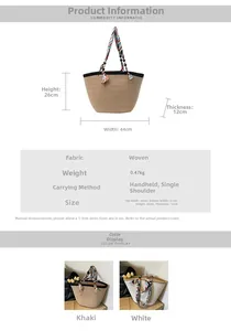Detailed size chart for large woven straw tote bag with decorative handle scarf