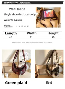 Tableau des tailles pour sacs à bandoulière à carreaux avec dimensions et détails