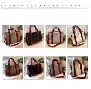 Size comparison of large and small canvas tote bags with leather trim and metal twist locks