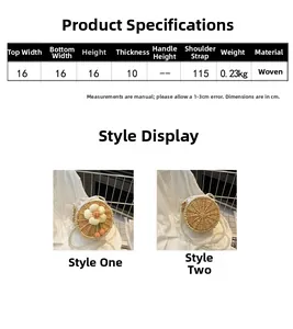 Detailed size parameters for round woven crossbody bag with pearl strap and dimensions