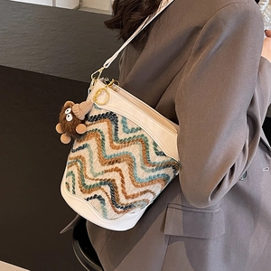 Women Vintage Zigzag Knit Bucket Bag PU Leather Patchwork Crossbody Shoulder Bag With Furry Monster Pendant Fashion Purse