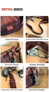 Détail du sac seau en nylon à carreaux rouges montrant la poche et la grande capacité