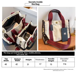 Detailed size guide and capacity for canvas tote bag with brown straps and dimensions