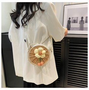 Detailed back view of a round woven straw bag with floral charm and pearl strap