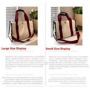Size comparison chart for canvas tote bag showing large and small dimensions and details