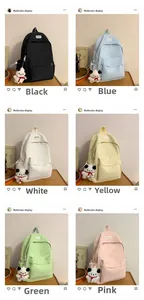 Collage showing nylon backpacks in six colors including blue and pink with dog charms